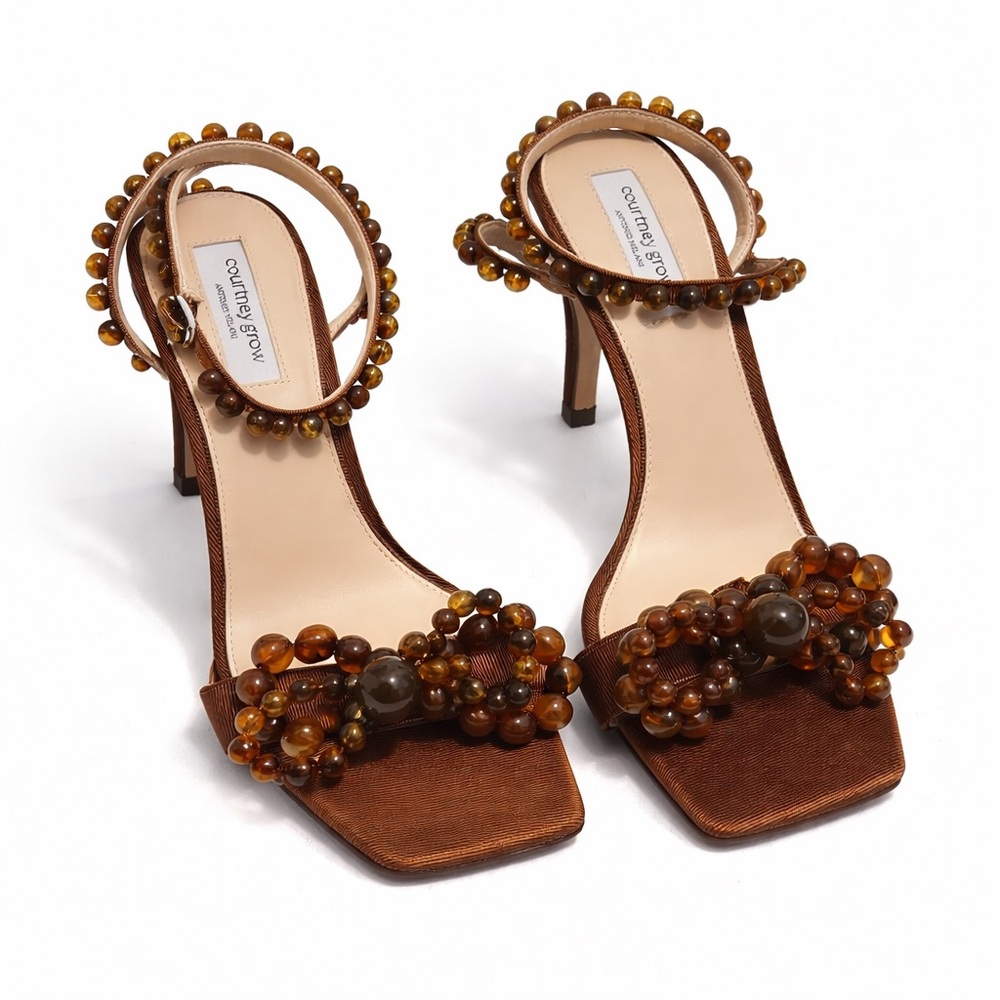 Courtney Grow Antonio Melani Beaded Heels Brown Satin Sandals Size 8.5